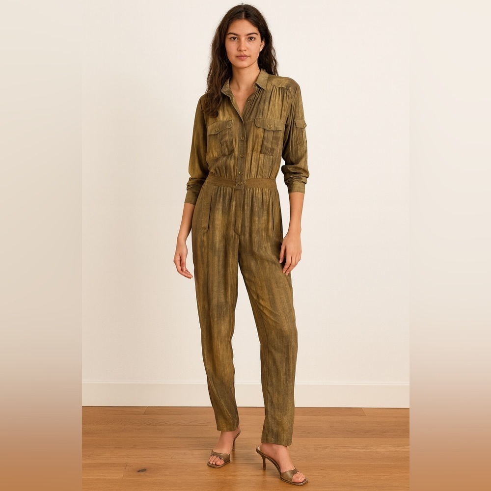 Vintage Bianca 100% Silk Jumpsuit Utility Military Olive Green Oversized Small​​